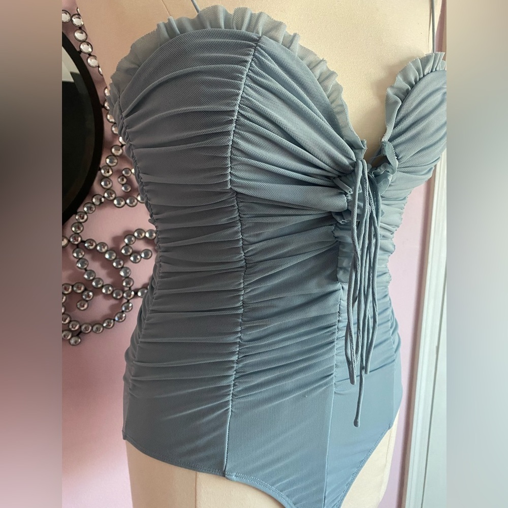 Hey Babe Blue Ruched Bodysuit Lace Up Bust Corset Style Mesh Size M - Picture 4 of 8
